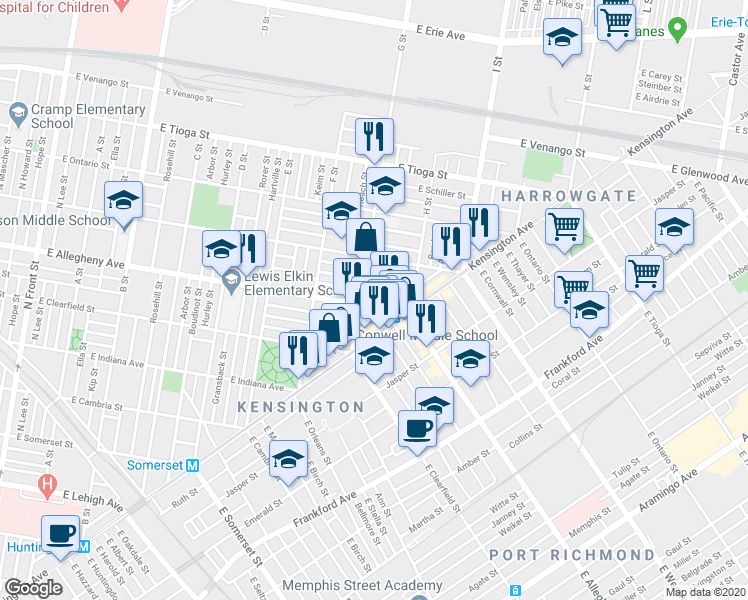 map of restaurants, bars, coffee shops, grocery stores, and more near 760 East Madison Street in Philadelphia