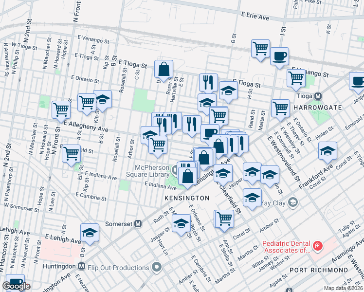 map of restaurants, bars, coffee shops, grocery stores, and more near 623 East Allegheny Avenue in Philadelphia