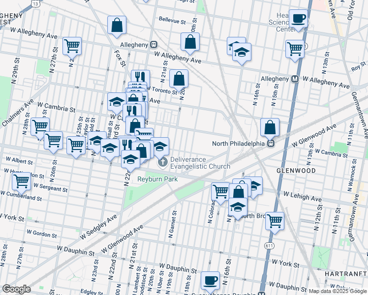 map of restaurants, bars, coffee shops, grocery stores, and more near 2835 North 20th Street in Philadelphia