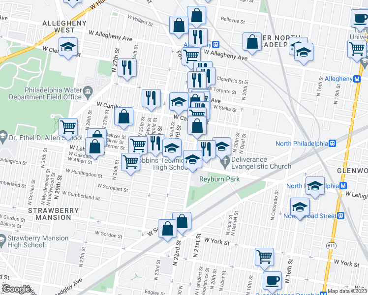 map of restaurants, bars, coffee shops, grocery stores, and more near 2225 West Somerset Street in Philadelphia