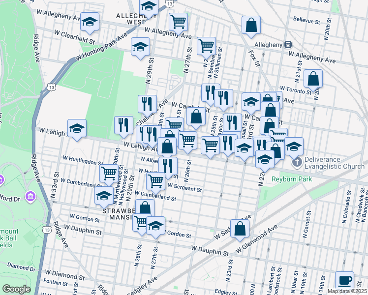 map of restaurants, bars, coffee shops, grocery stores, and more near 2620 West Sterner Street in Philadelphia