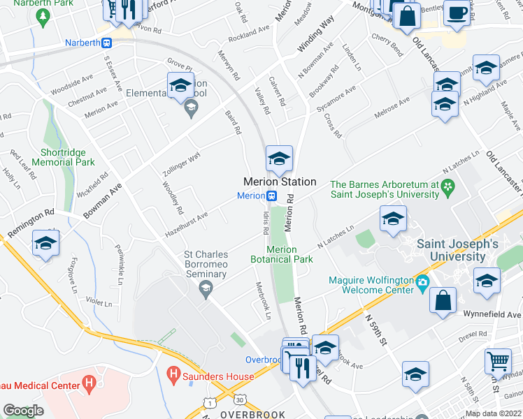 map of restaurants, bars, coffee shops, grocery stores, and more near in Merion Station