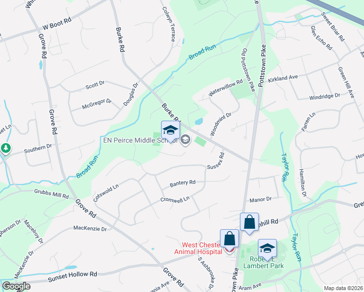 map of restaurants, bars, coffee shops, grocery stores, and more near 1314 Burke Road in West Chester