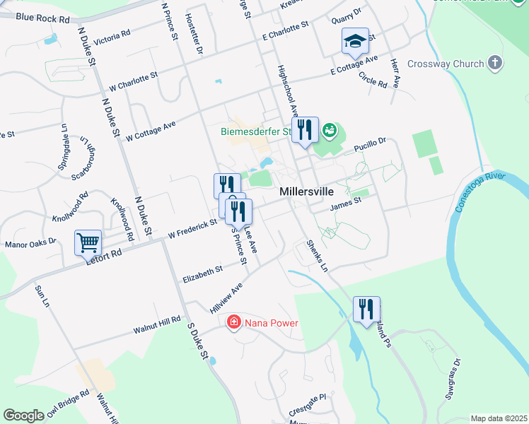 map of restaurants, bars, coffee shops, grocery stores, and more near 32 West Frederick Street in Millersville