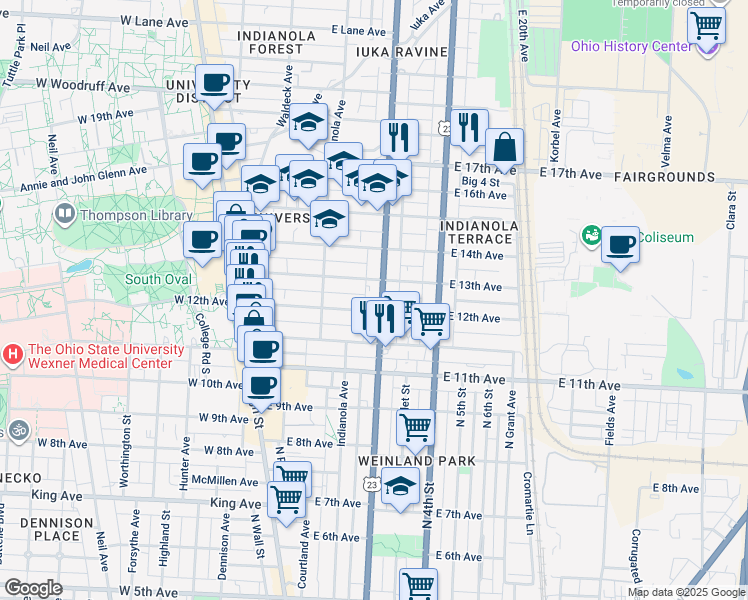 map of restaurants, bars, coffee shops, grocery stores, and more near in Columbus