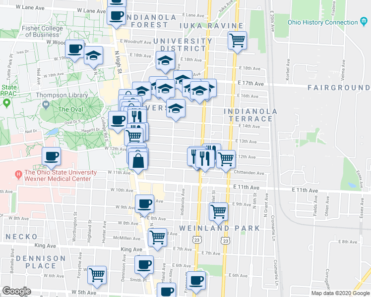map of restaurants, bars, coffee shops, grocery stores, and more near 183 East 13th Avenue in Columbus