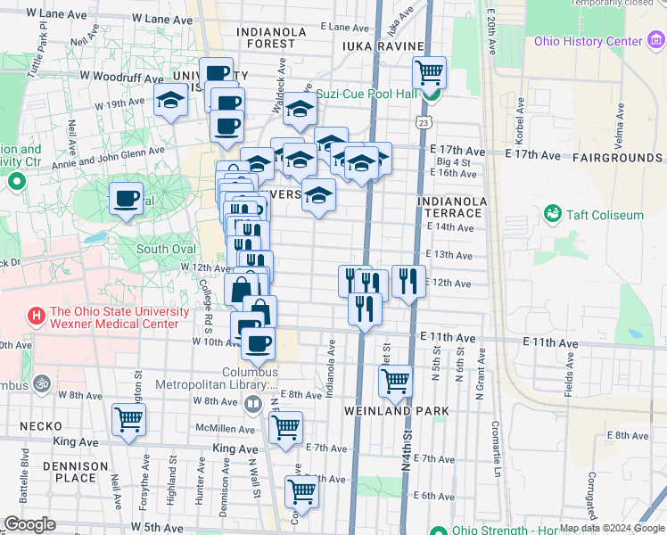 map of restaurants, bars, coffee shops, grocery stores, and more near 183 East 13th Avenue in Columbus