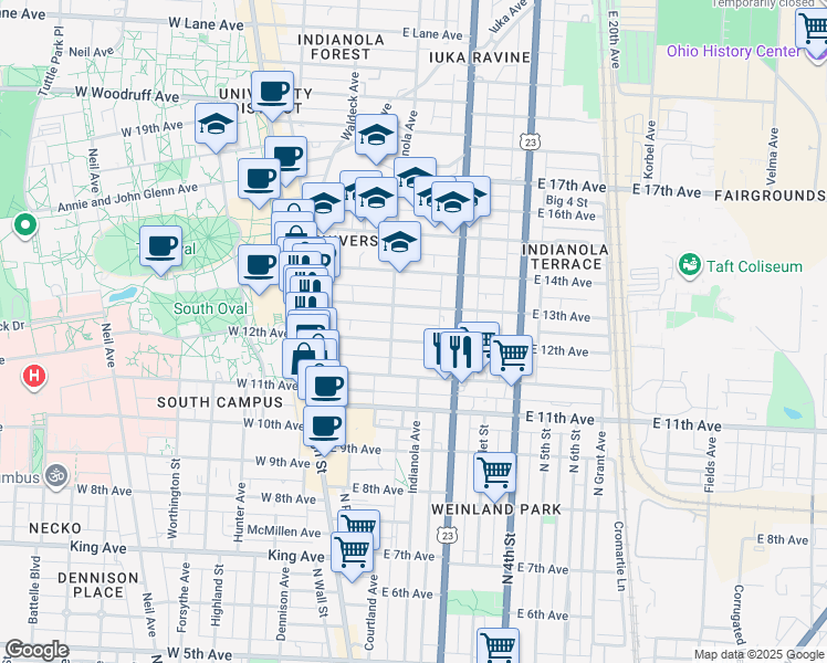 map of restaurants, bars, coffee shops, grocery stores, and more near 183 East 13th Avenue in Columbus