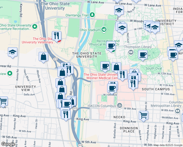 map of restaurants, bars, coffee shops, grocery stores, and more near in Columbus