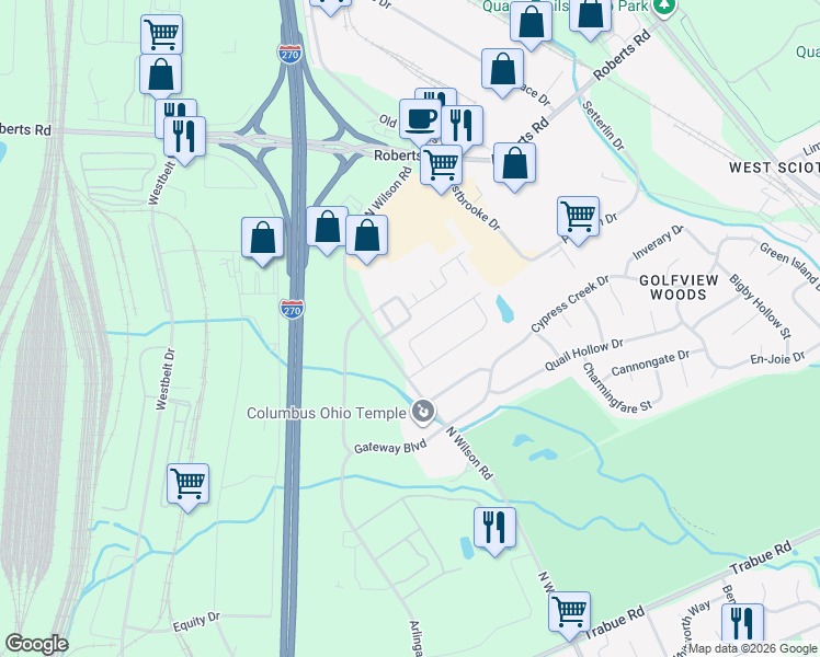 map of restaurants, bars, coffee shops, grocery stores, and more near 3859 Habitat Drive in Columbus