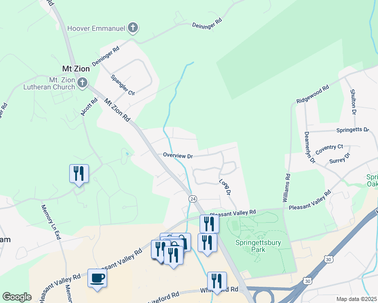 map of restaurants, bars, coffee shops, grocery stores, and more near 3333 Overview Drive in York