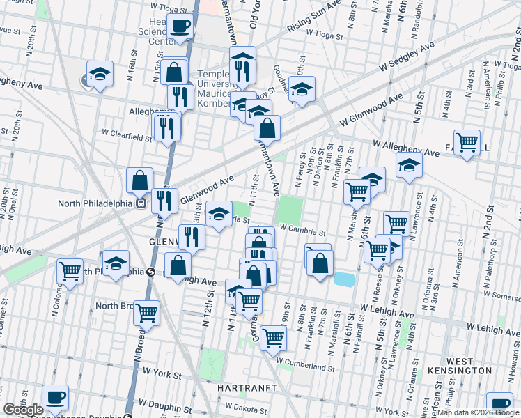 map of restaurants, bars, coffee shops, grocery stores, and more near 1100 West Indiana Avenue in Philadelphia