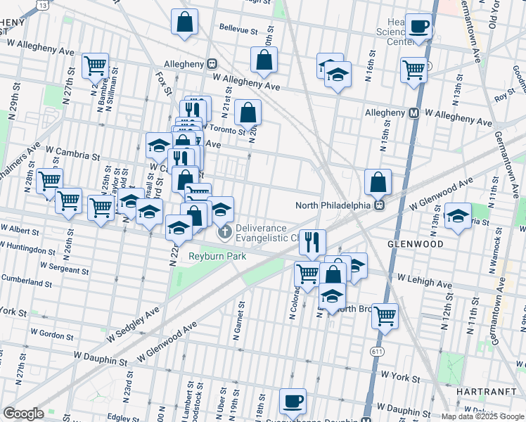 map of restaurants, bars, coffee shops, grocery stores, and more near 2812 North 19th Street in Philadelphia