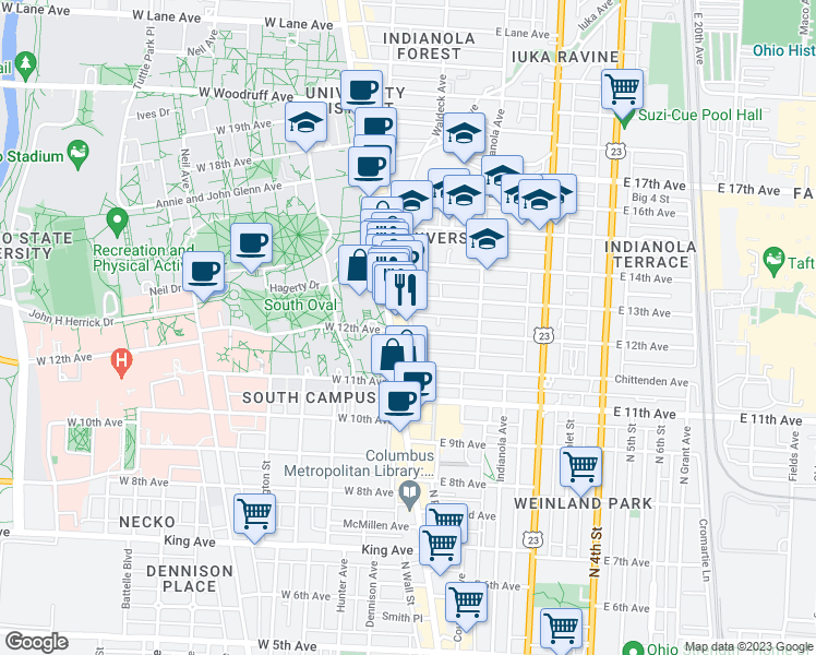 map of restaurants, bars, coffee shops, grocery stores, and more near 22 East 12th Avenue in Columbus