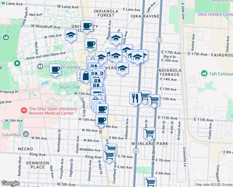map of restaurants, bars, coffee shops, grocery stores, and more near 104 East 12th Avenue in Columbus