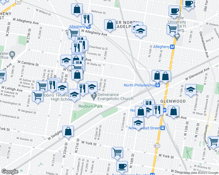 map of restaurants, bars, coffee shops, grocery stores, and more near 2812 North 19th Street in Philadelphia