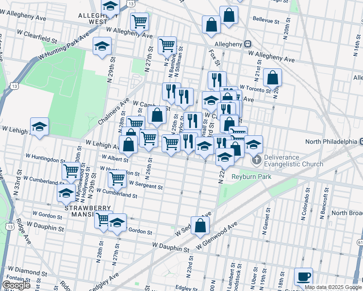 map of restaurants, bars, coffee shops, grocery stores, and more near 2732 North Ringgold Street in Philadelphia