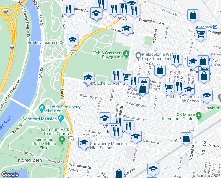 map of restaurants, bars, coffee shops, grocery stores, and more near 3009 West Oakdale Street in Philadelphia