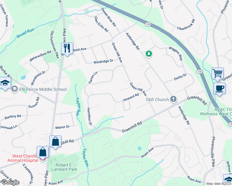 map of restaurants, bars, coffee shops, grocery stores, and more near 1246 Hamilton Drive in West Chester