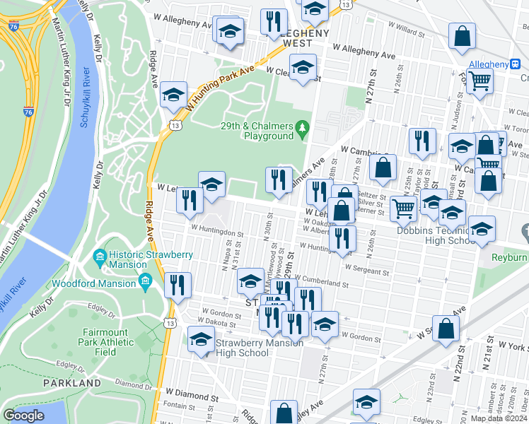 map of restaurants, bars, coffee shops, grocery stores, and more near 3009 West Oakdale Street in Philadelphia