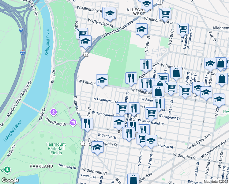 map of restaurants, bars, coffee shops, grocery stores, and more near 2646 North 31st Street in Philadelphia