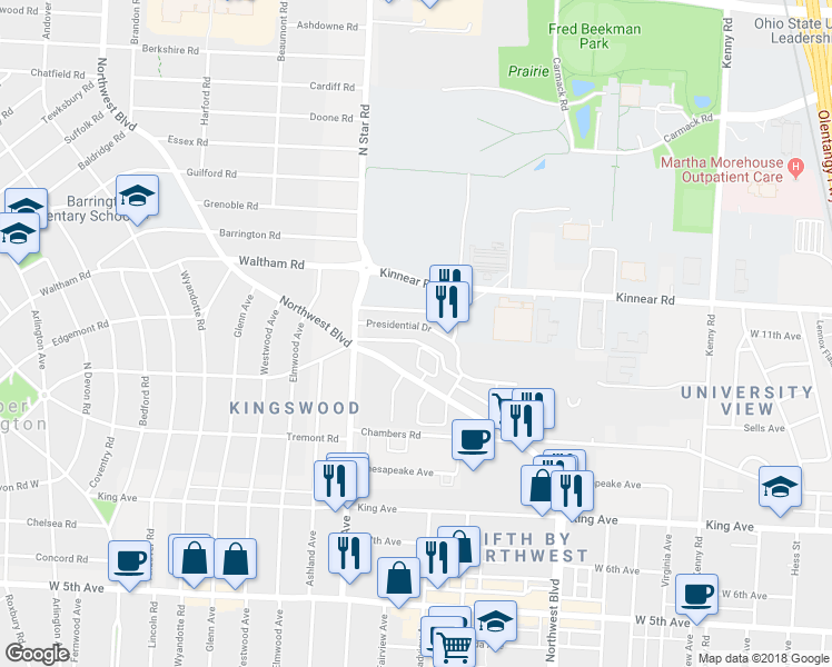 map of restaurants, bars, coffee shops, grocery stores, and more near 1456 Presidential Drive in Columbus
