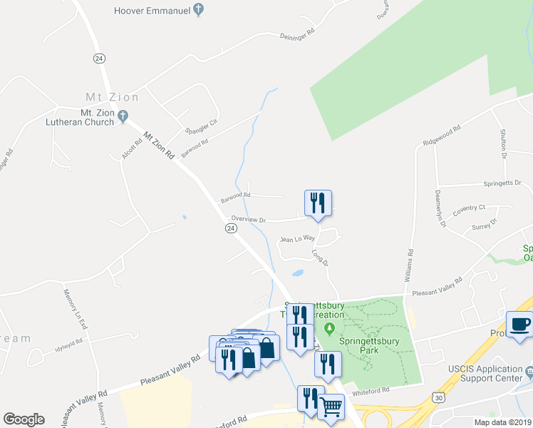 map of restaurants, bars, coffee shops, grocery stores, and more near 3325 Overview Drive in York
