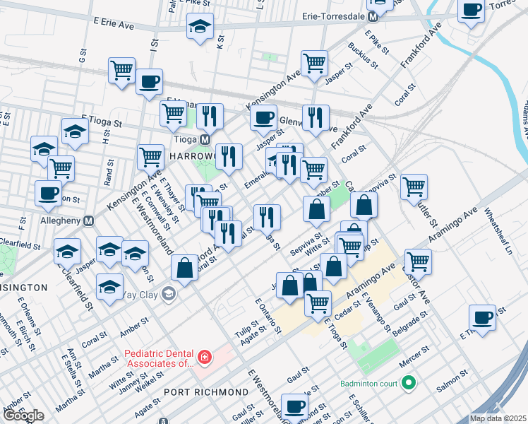 map of restaurants, bars, coffee shops, grocery stores, and more near 3515 Frankford Avenue in Philadelphia