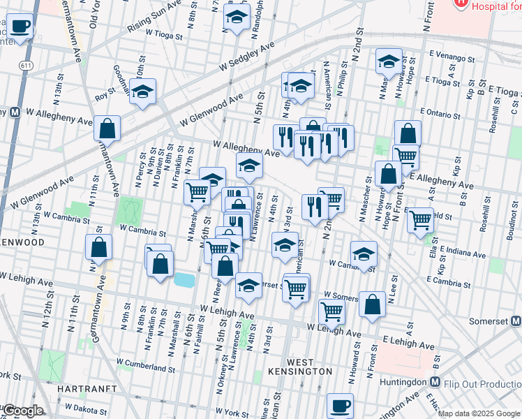 map of restaurants, bars, coffee shops, grocery stores, and more near 3019 North Lawrence Street in Philadelphia