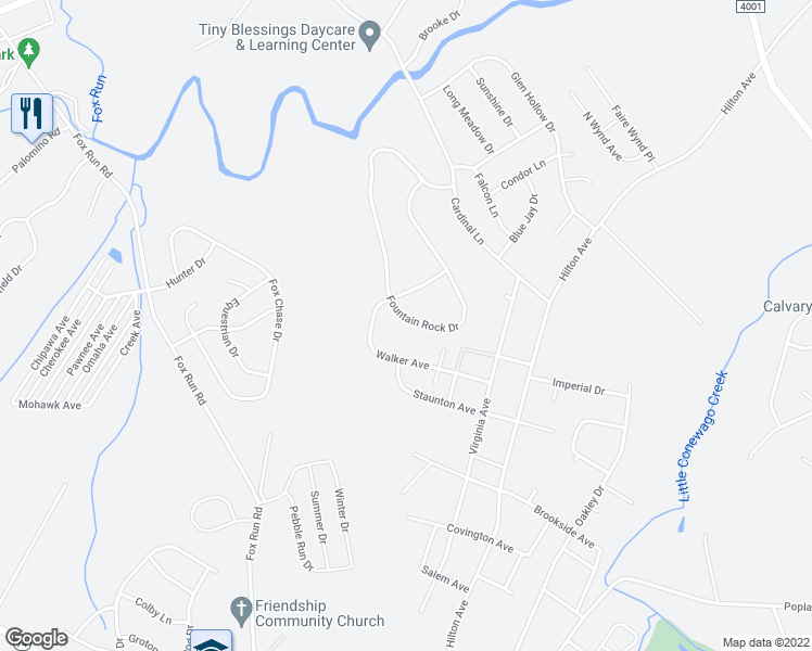 map of restaurants, bars, coffee shops, grocery stores, and more near 1706 Fountain Rock Drive in Dover