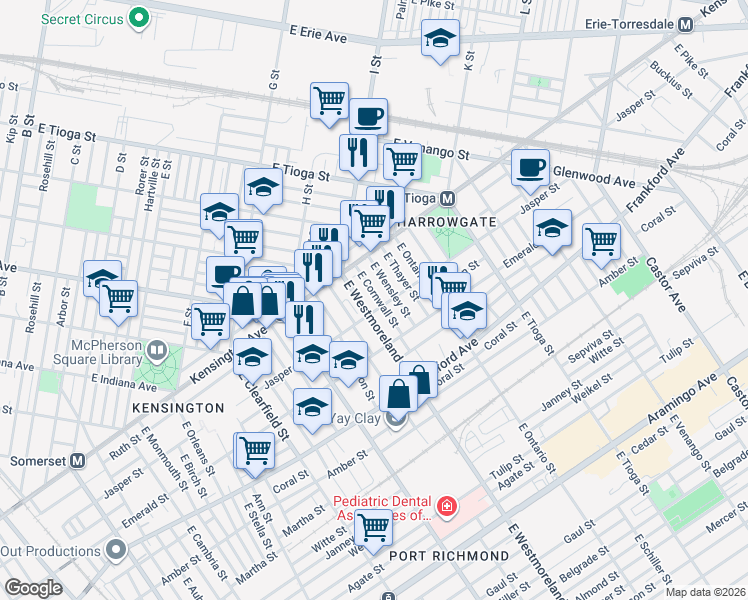 map of restaurants, bars, coffee shops, grocery stores, and more near 1841 East Cornwall Street in Philadelphia