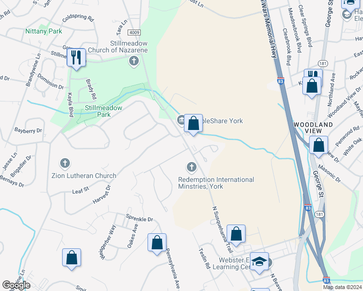 map of restaurants, bars, coffee shops, grocery stores, and more near 3028 Village Circle West in York