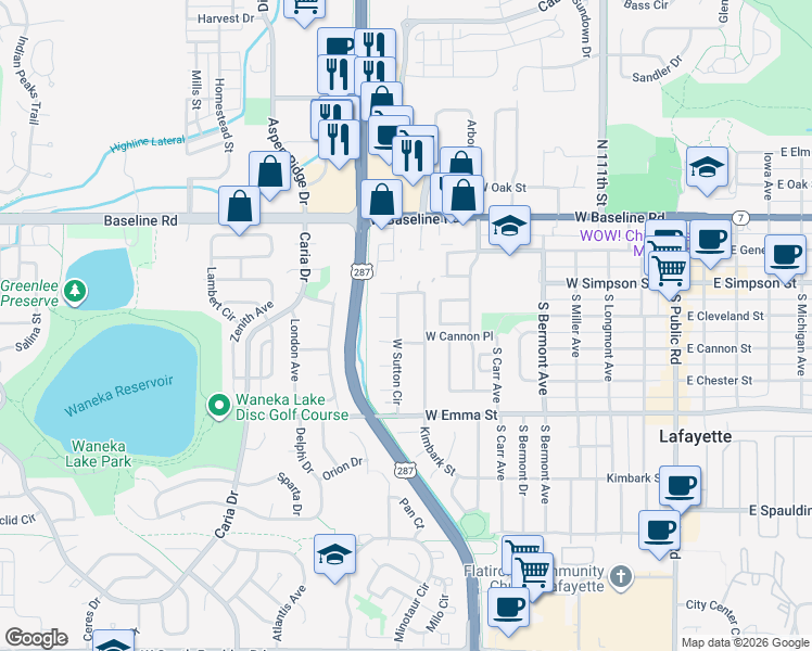 map of restaurants, bars, coffee shops, grocery stores, and more near 215 East Sutton Circle in Lafayette
