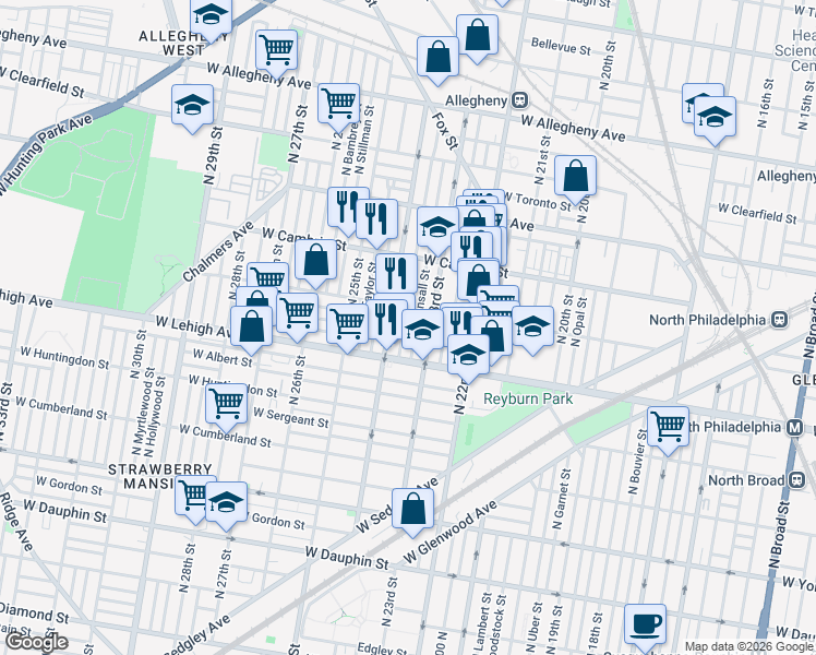 map of restaurants, bars, coffee shops, grocery stores, and more near 2768 North Bonsall Street in Philadelphia
