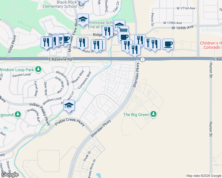 map of restaurants, bars, coffee shops, grocery stores, and more near 16682 Umatilla Street in Broomfield