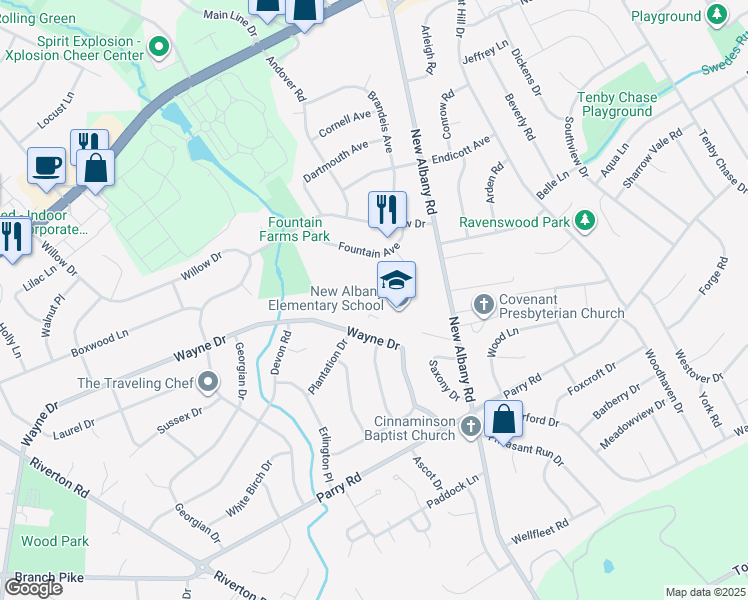 map of restaurants, bars, coffee shops, grocery stores, and more near 2701 New Albany Road in Cinnaminson