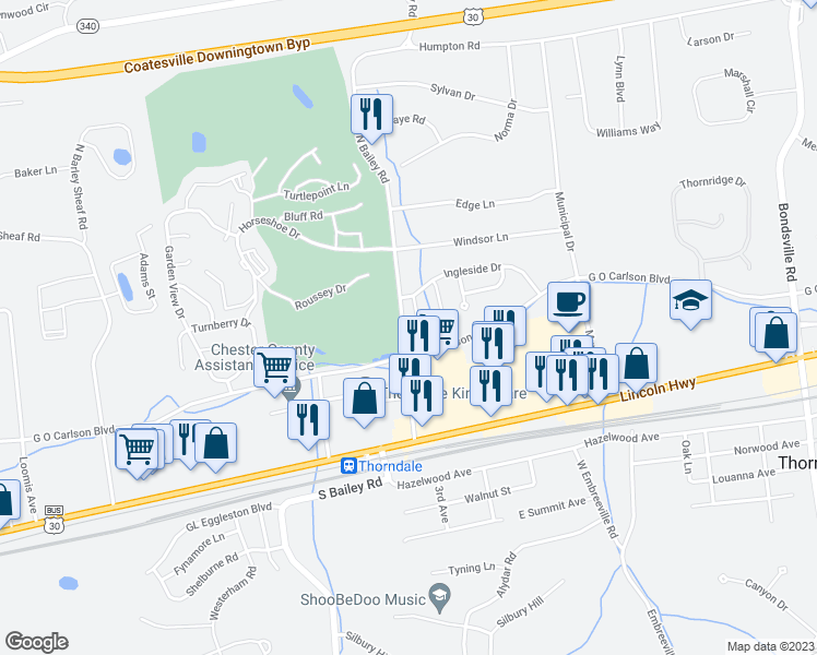 map of restaurants, bars, coffee shops, grocery stores, and more near 6 Lisa Drive in Thorndale