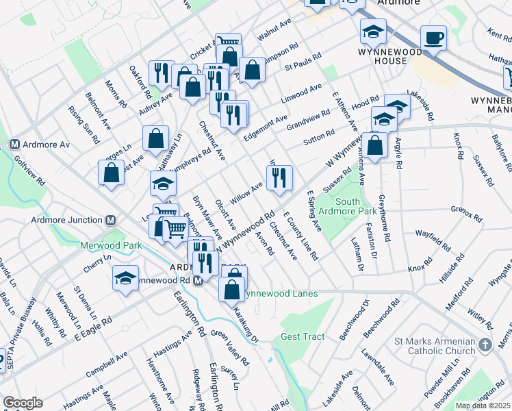 map of restaurants, bars, coffee shops, grocery stores, and more near 2420 Chestnut Avenue in Ardmore