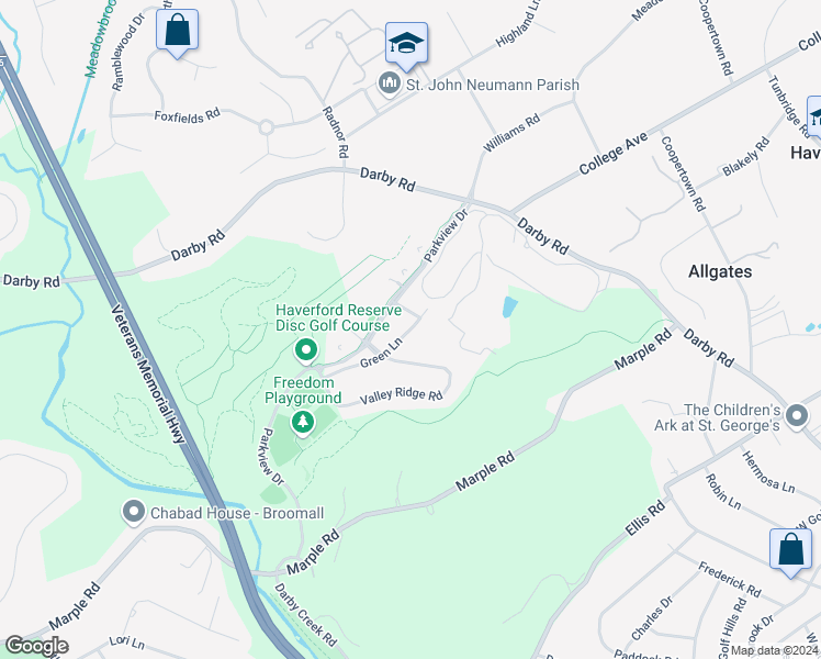 map of restaurants, bars, coffee shops, grocery stores, and more near 124 Green Lane in Haverford