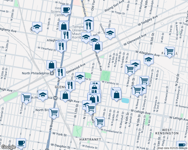 map of restaurants, bars, coffee shops, grocery stores, and more near 1100 West Indiana Avenue in Philadelphia