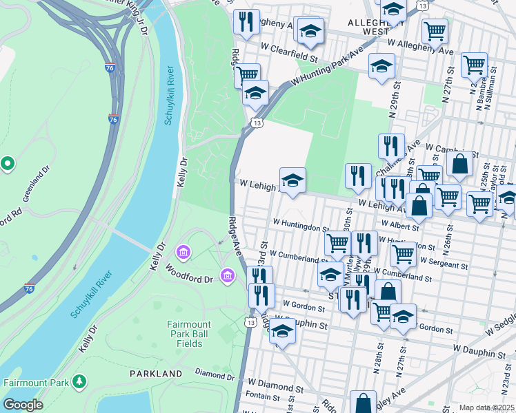 map of restaurants, bars, coffee shops, grocery stores, and more near 3323 West Harold Street in Philadelphia