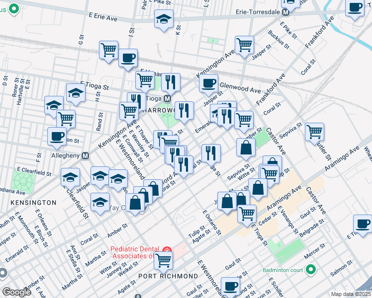 map of restaurants, bars, coffee shops, grocery stores, and more near 3445 Braddock Street in Philadelphia