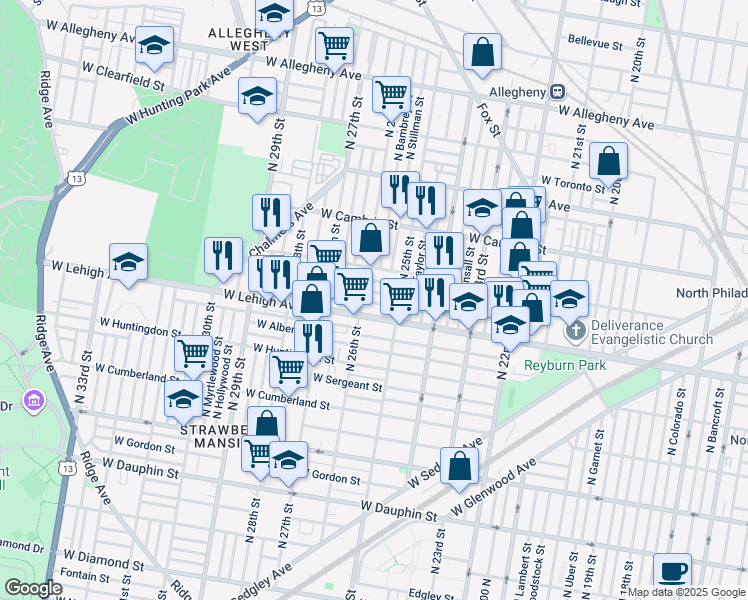 map of restaurants, bars, coffee shops, grocery stores, and more near 2541 West Sterner Street in Philadelphia