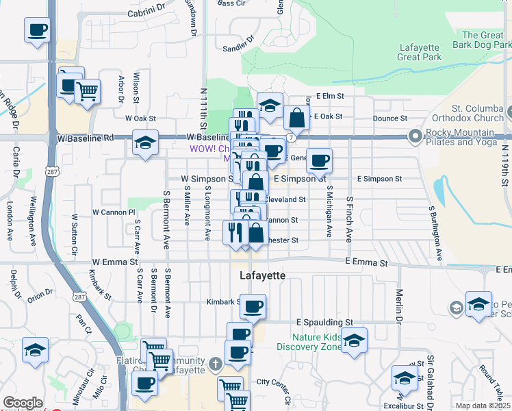 map of restaurants, bars, coffee shops, grocery stores, and more near 105 East Cleveland Street in Lafayette