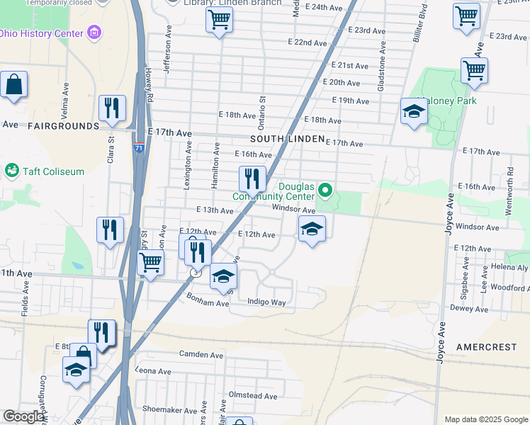map of restaurants, bars, coffee shops, grocery stores, and more near 1132 Windsor Avenue in Columbus