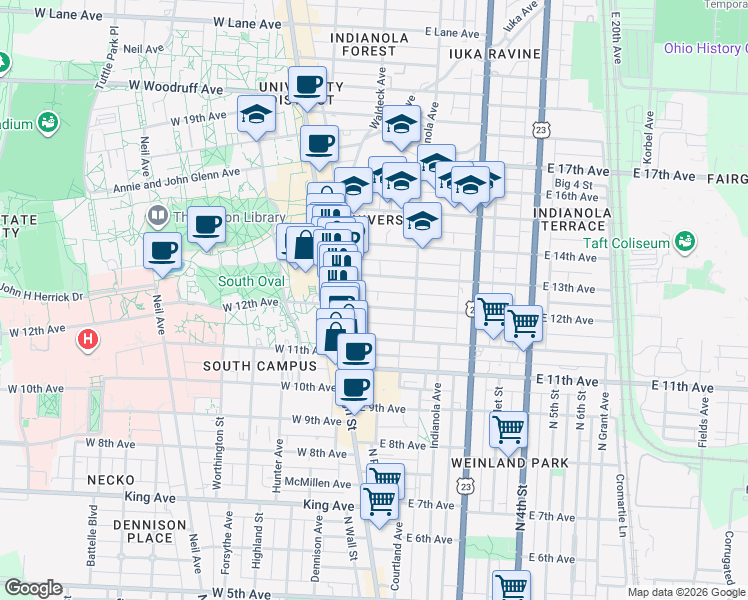 map of restaurants, bars, coffee shops, grocery stores, and more near 58 East 12th Avenue in Columbus