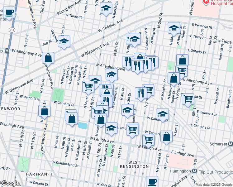 map of restaurants, bars, coffee shops, grocery stores, and more near 3019 North Lawrence Street in Philadelphia