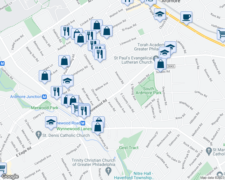 map of restaurants, bars, coffee shops, grocery stores, and more near 2419 Chestnut Avenue in Ardmore