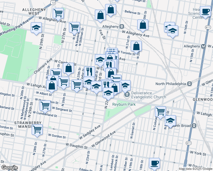 map of restaurants, bars, coffee shops, grocery stores, and more near 2759 North Croskey Street in Philadelphia