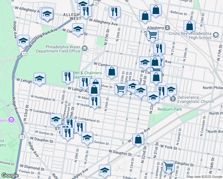 map of restaurants, bars, coffee shops, grocery stores, and more near 2549 West Sterner Street in Philadelphia